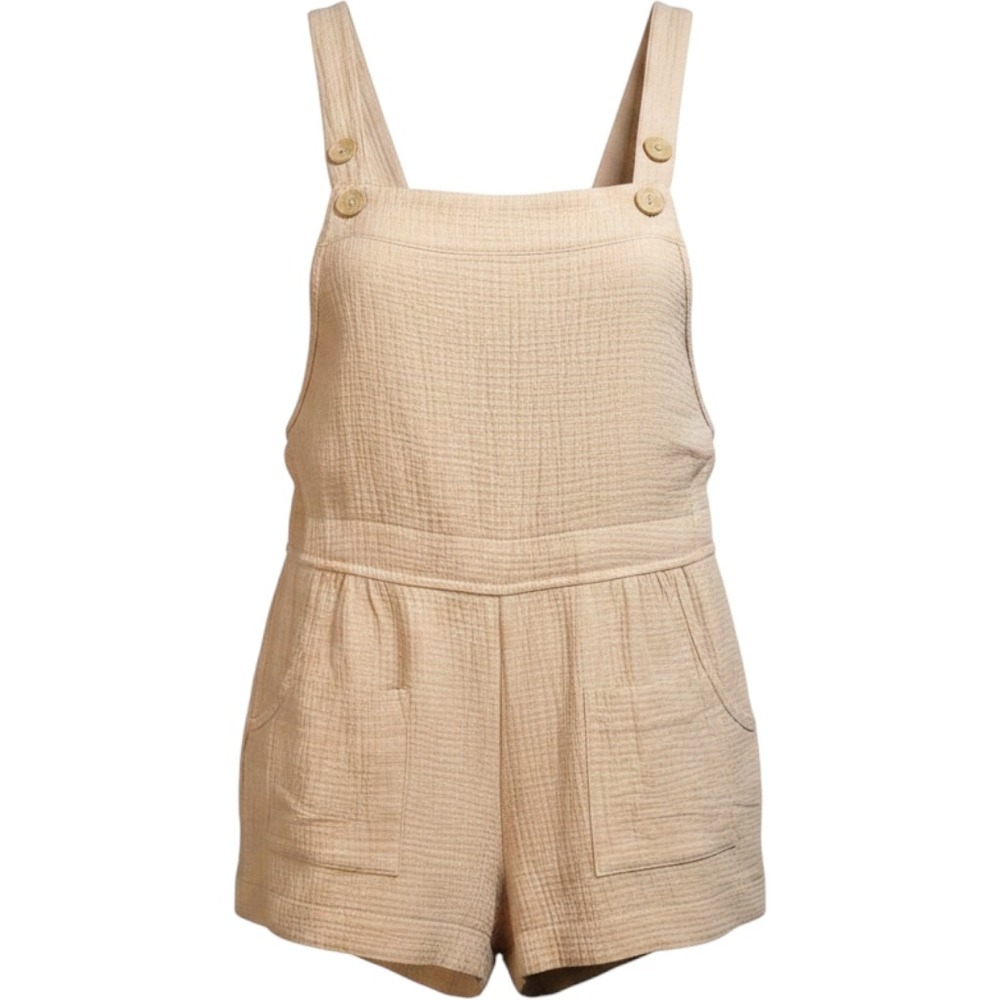 Ces Femme Gauze Romper Womens Medium Taupe Beachy Vibes Cotton Overalls